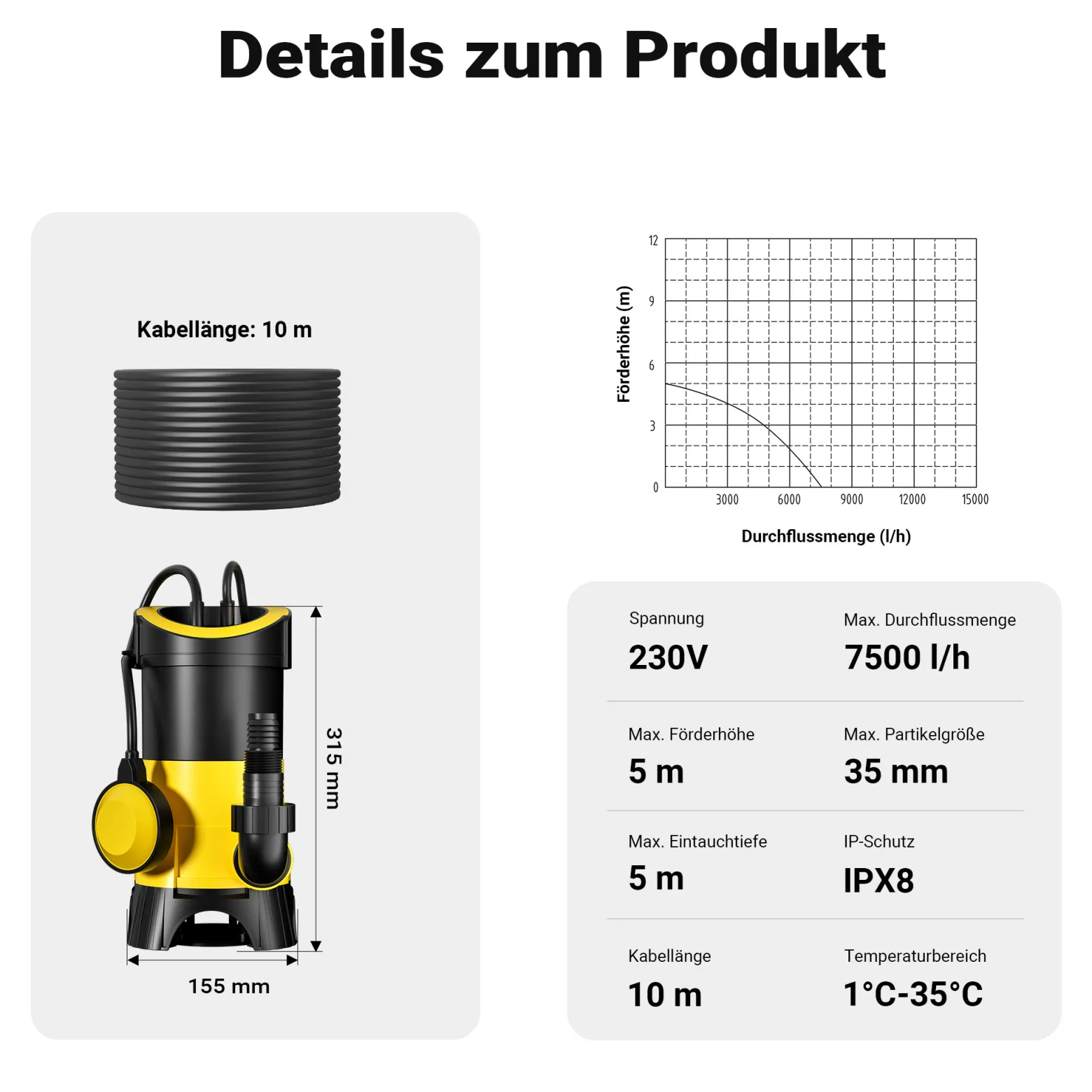 Schmutzwasserpumpe 7.500l/h, 400W, max. Förderhöhe 5m, Fremdkörper bis Ø35mm