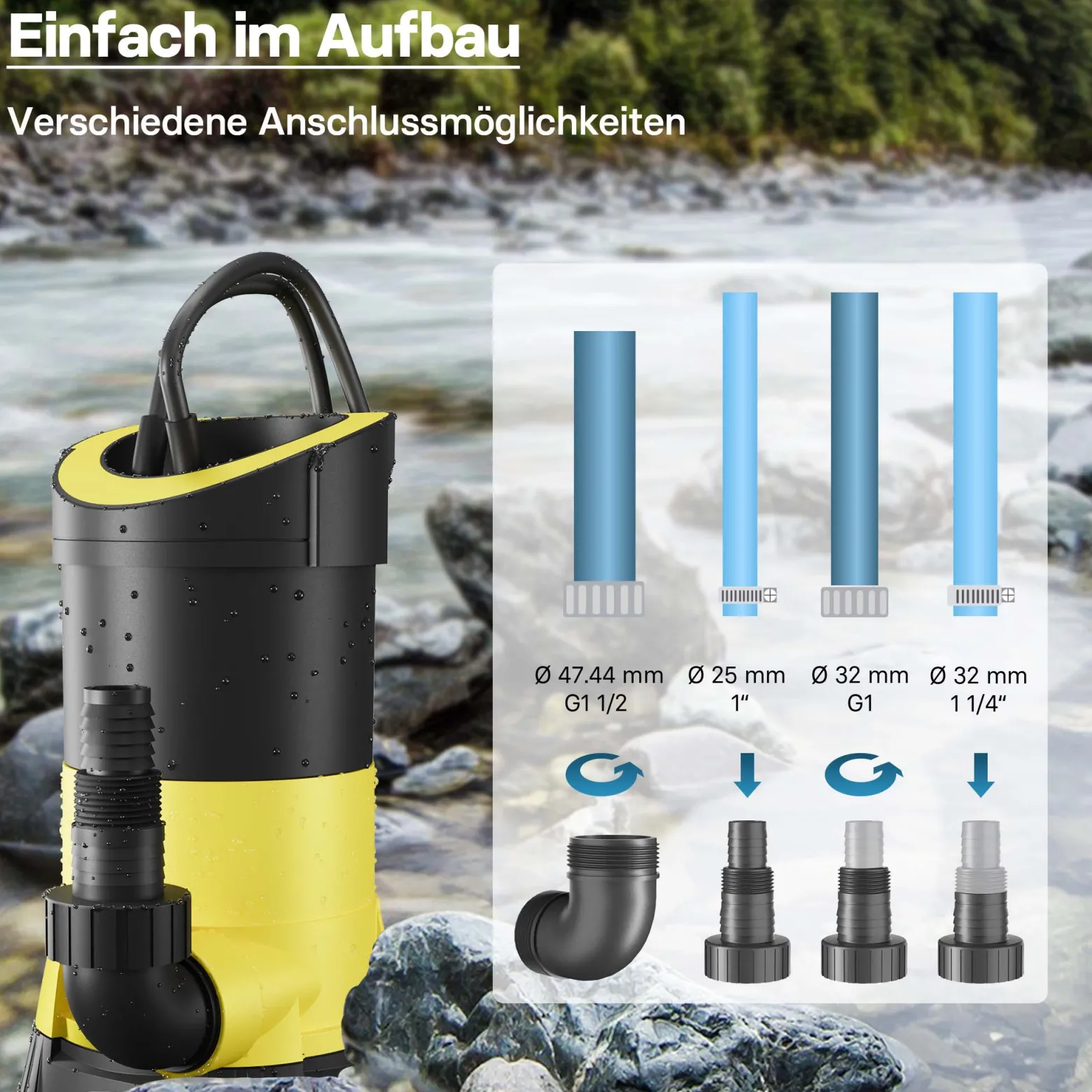 Schmutzwasserpumpe 5.000l/h, 250W, max. Förderhöhe 6m, Fremdkörper bis max. Ø5mm