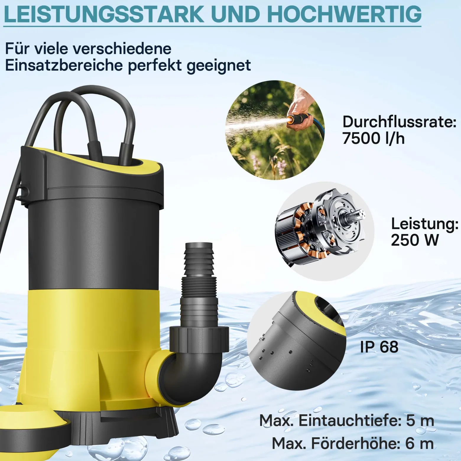 Schmutzwasserpumpe 5.000l/h, 250W, max. Förderhöhe 6m, Fremdkörper bis max. Ø5mm
