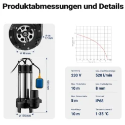Schmutzwasserpumpe Schwimmerschalter Häcksler 31200 L/h 2200 W Förderhöhe bis 10 m