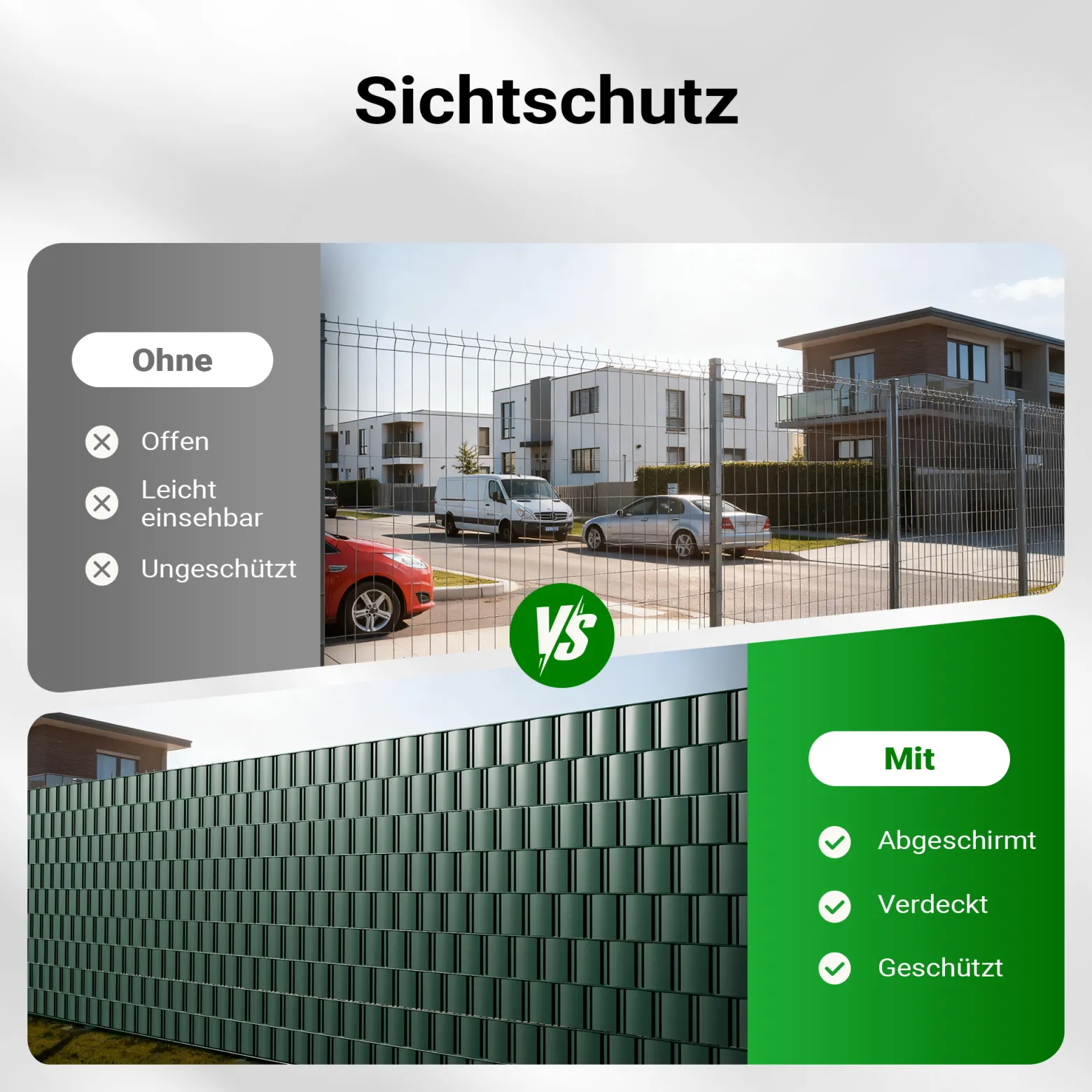 Sichtschutz Streifen, 35mx19cm grün aus PVC 450g/m², mit 20 Clips, Zaunfolie