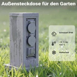 Steckdosensäule 4fach in Granitoptik, IP44, Außensteckdose mit zwei Schaltern und 1,5m Kabel