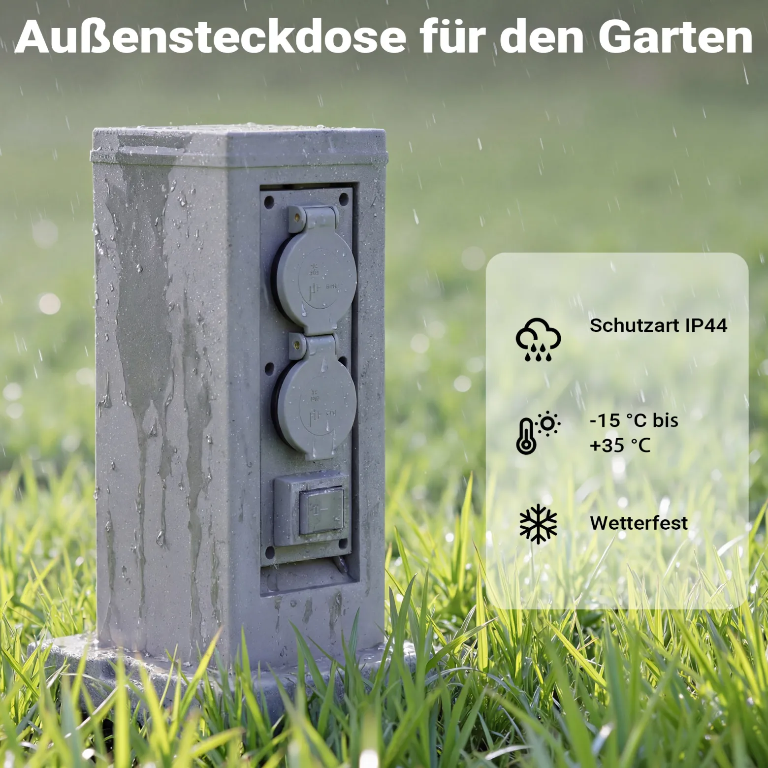 Steckdosensäule 4fach in Granitoptik, IP44, Außensteckdose mit zwei Schaltern und 1,5m Kabel