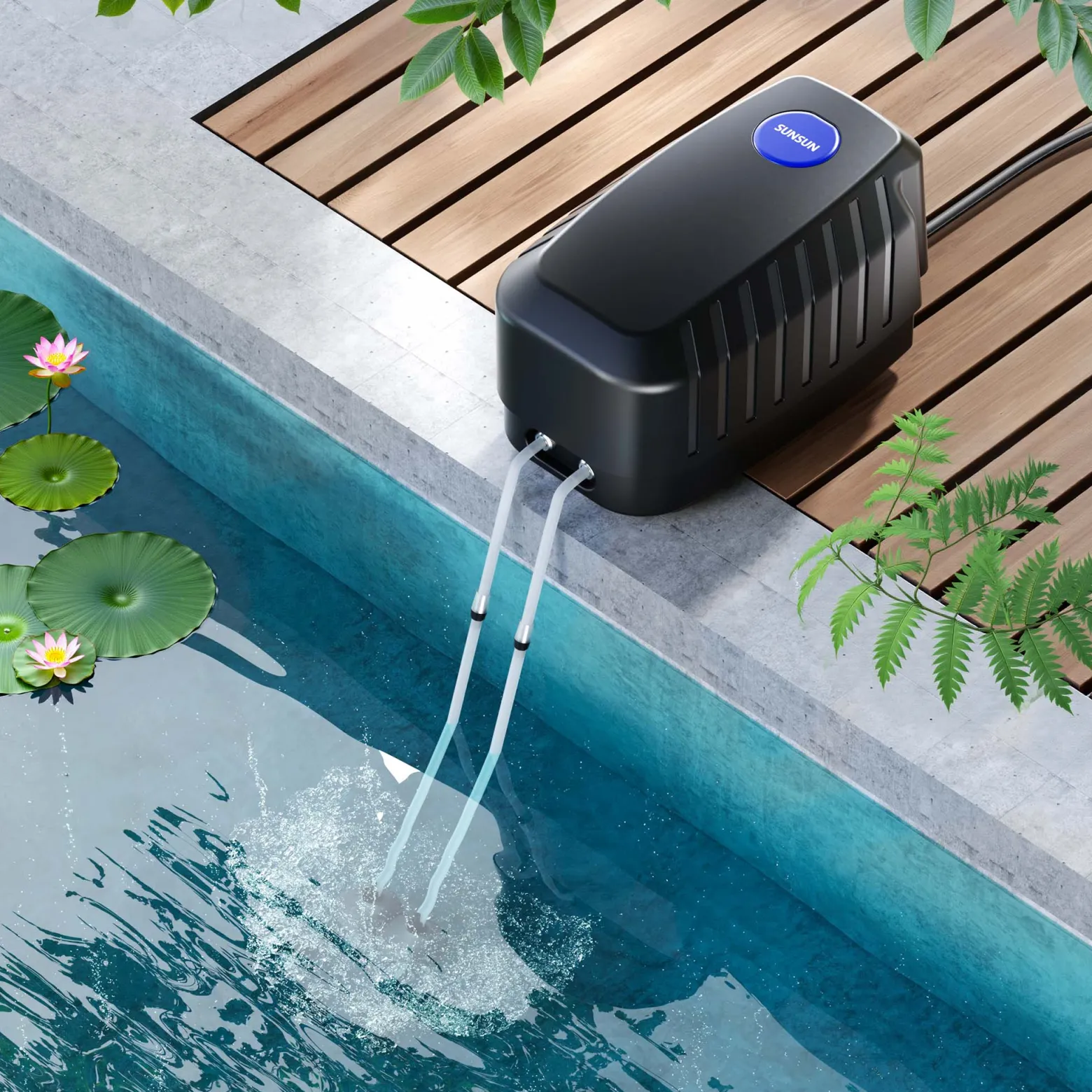 SunSun CAP-20 Sauerstoffpumpe 8 W, Luftpumpe für 8 m³ Aquarium und Gartenteich, Teichbelüfter 13 l/min mit 4 Luftausgängen, Belüftungspumpe mit 2x Luftstein und 2x Rückschlagventil