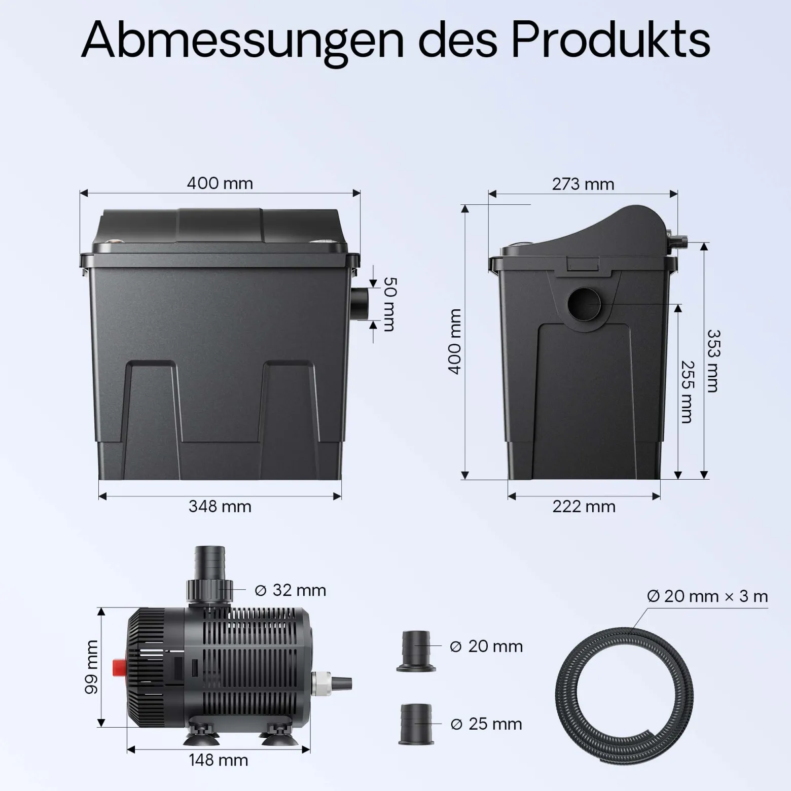 SunSun CBF-200T Bioteichfilter Komplettset mit 9W UVC Klärer, Teichpumpe 2300 l/h 35W, Thermometer und Filtermedien, Filteranlage Bio Teichfilter