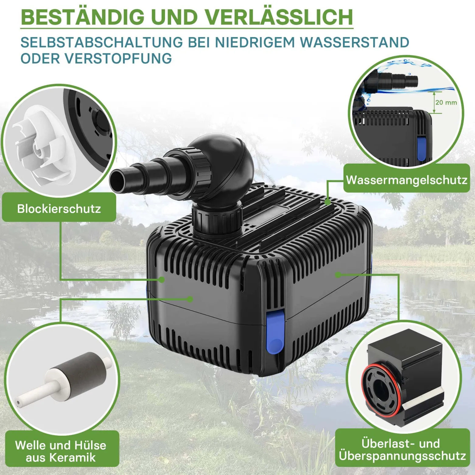 SunSun CDF-8000 Teichpumpe 24V DC / 8000 l/h / 65 W, mit integriertem Blockier- und Trockenlaufschutz