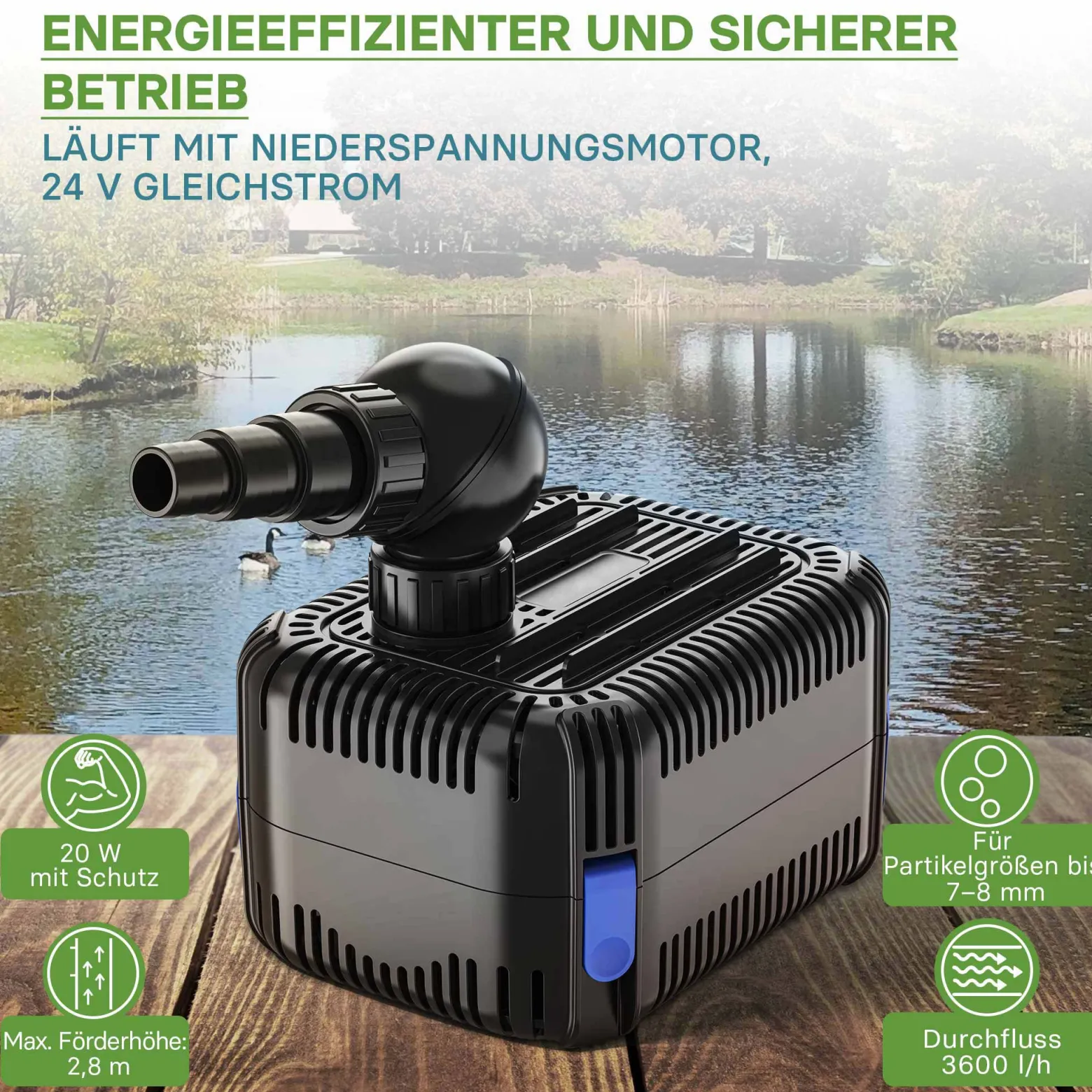 SunSun CDF-3800 Teichpumpe 24V DC 3600 l/h 20 W, Bachlaufpumpe mit integriertem Blockier- und Trockenlaufschutz