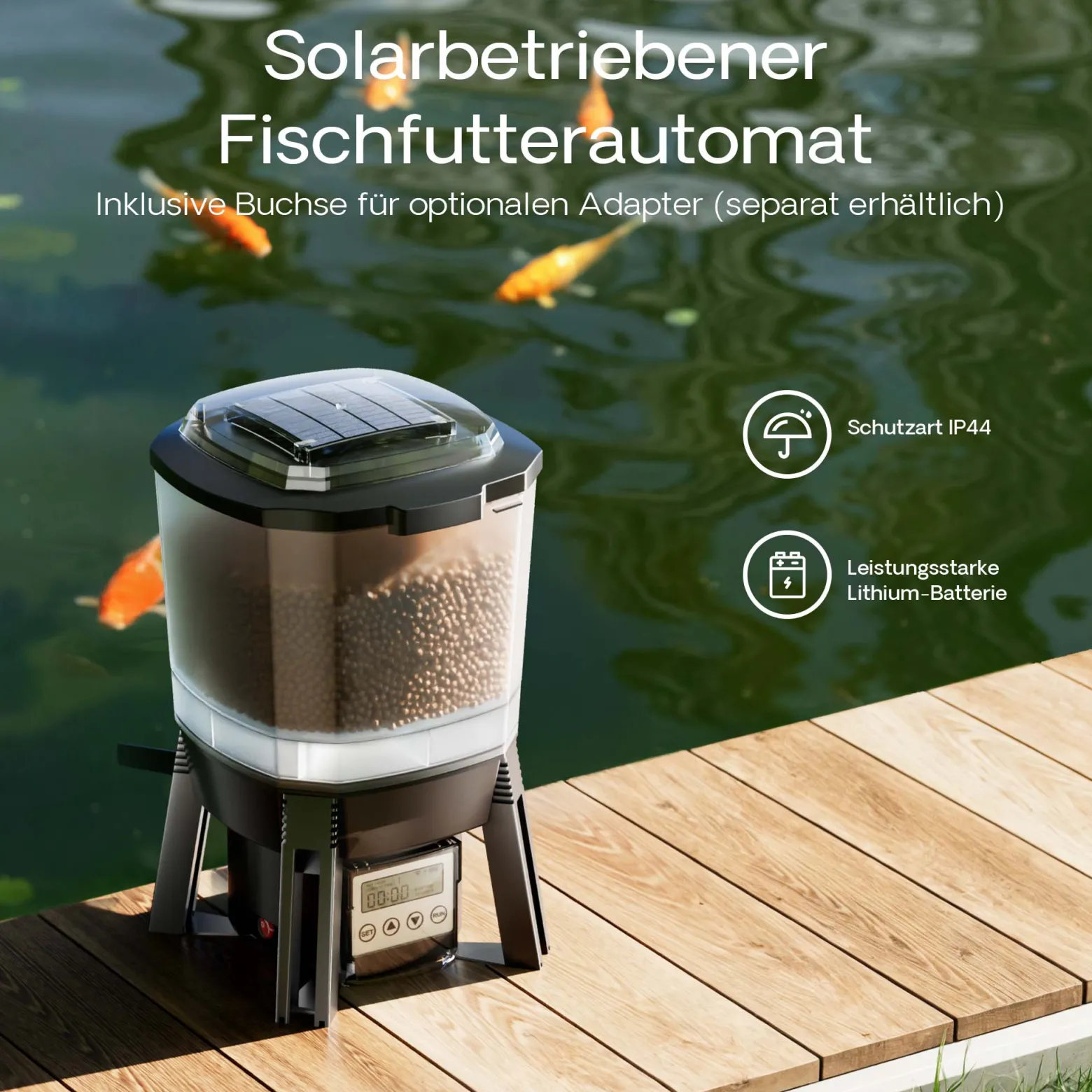 SunSun CFF-206 solarbetriebener Fischfutter Automat, programmierbarer Futterspender mit 6 Liter Behälter für 1 bis 6 Fütterungen pro Tag