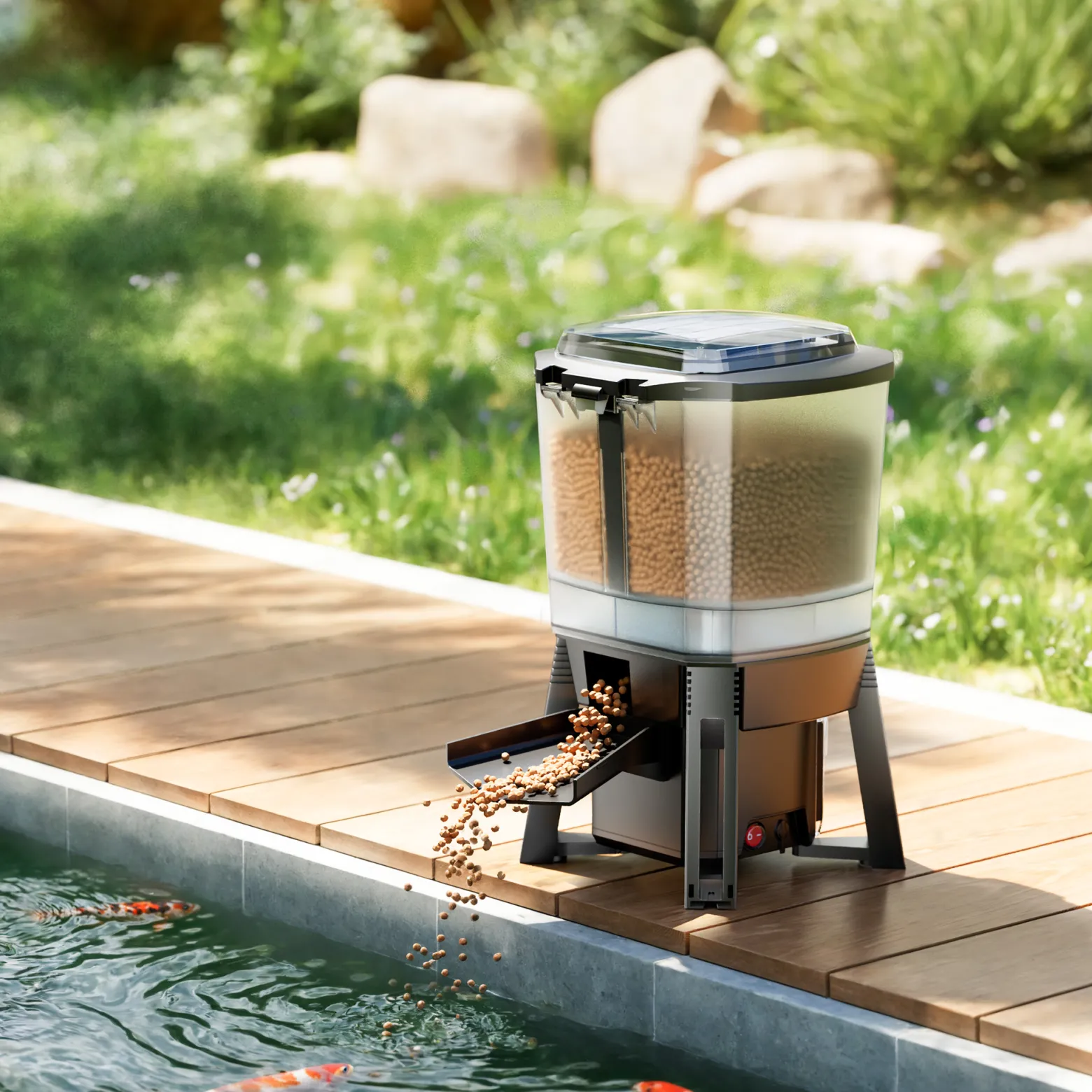 SunSun CFF-206 solarbetriebener Fischfutter Automat, programmierbarer Futterspender mit 6 Liter Behälter für 1 bis 6 Fütterungen pro Tag