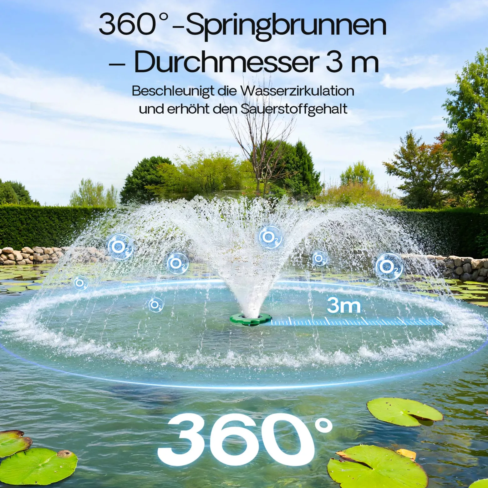 SunSun COP-10000 Schwimmende Fontäne 20000l/h, 90W, Wassersäule mit 1m Höhe & 3 m Durchmesser zur Belüftung des Teiches mit Filtersieb