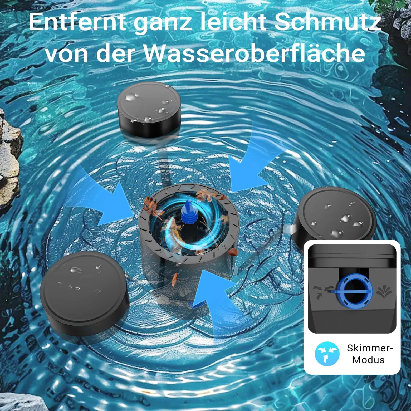 SunSun CSP-250 Schwimmskimmer für Teiche bis 40 m², 2500 l/h 45 W, Skimmer mit Springbrunnen, Blättersammler mit Pumpe, Gartenteich Teichpflege