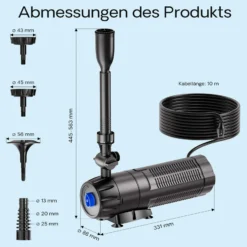 SunSun CUP-129 Springbrunnenpumpe mit Filter, 4 Fontänendüsen 1000l/h 24W und 9W UVC Klärer, Teichpumpe für Gartenteich Koiteich Biofilter