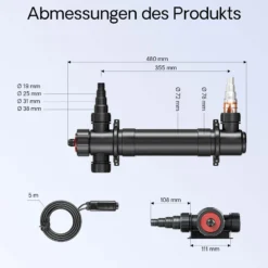 SunSun CUV-136 Teichklärer 4500 l/h / 36 W UVC Vorklärgerät für Teichfilter & Teichpumpe Wasserklärer mit UV-Lampe Lichtfilter zur Algenbekämpfung