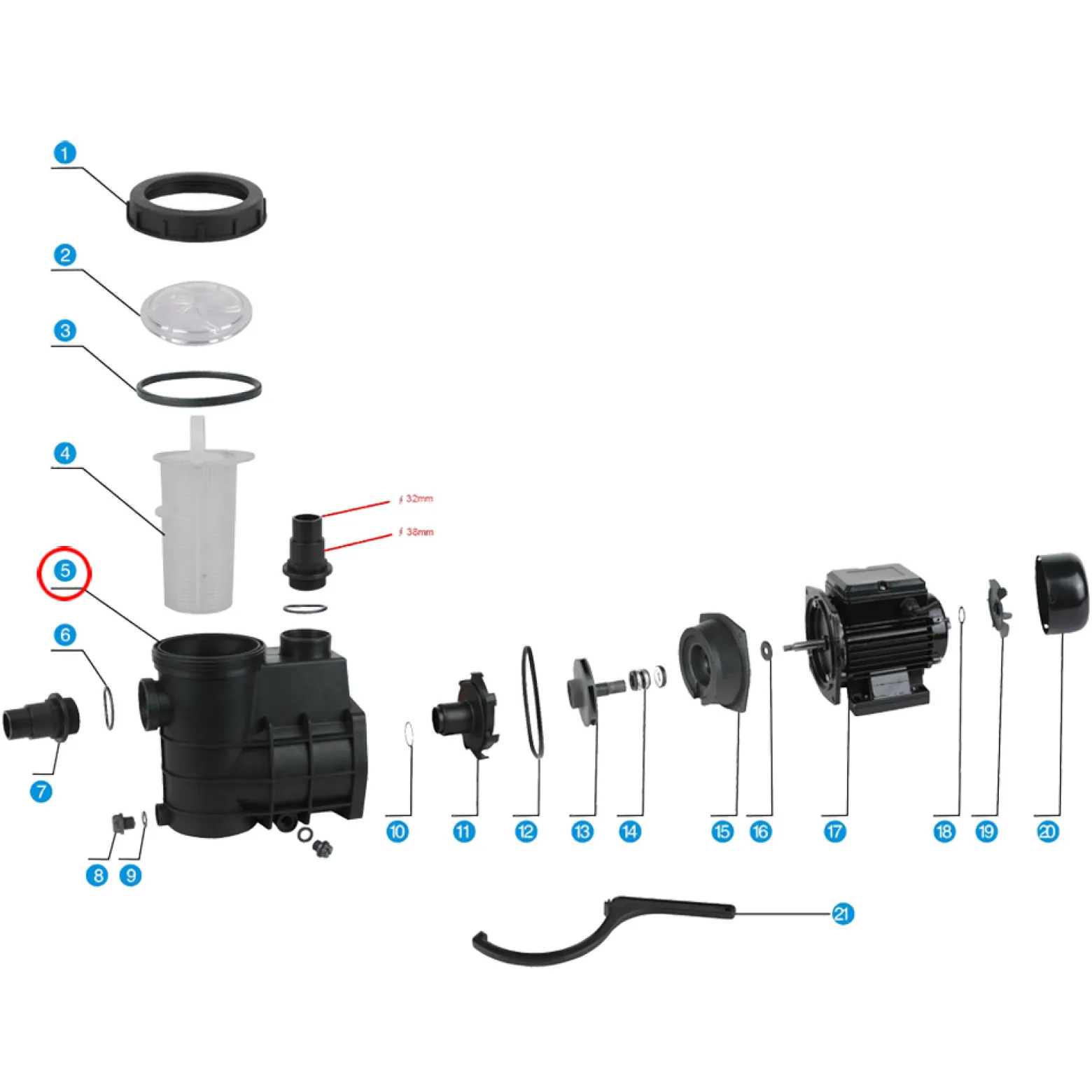 SunSun Ersatzteil für Schwimmbadpumpe Pumpengehäuse, 220 W Poolfilteranlage, Pool Pumpe mit Schwimmerschalter, Filterpumpe 5000 l/h