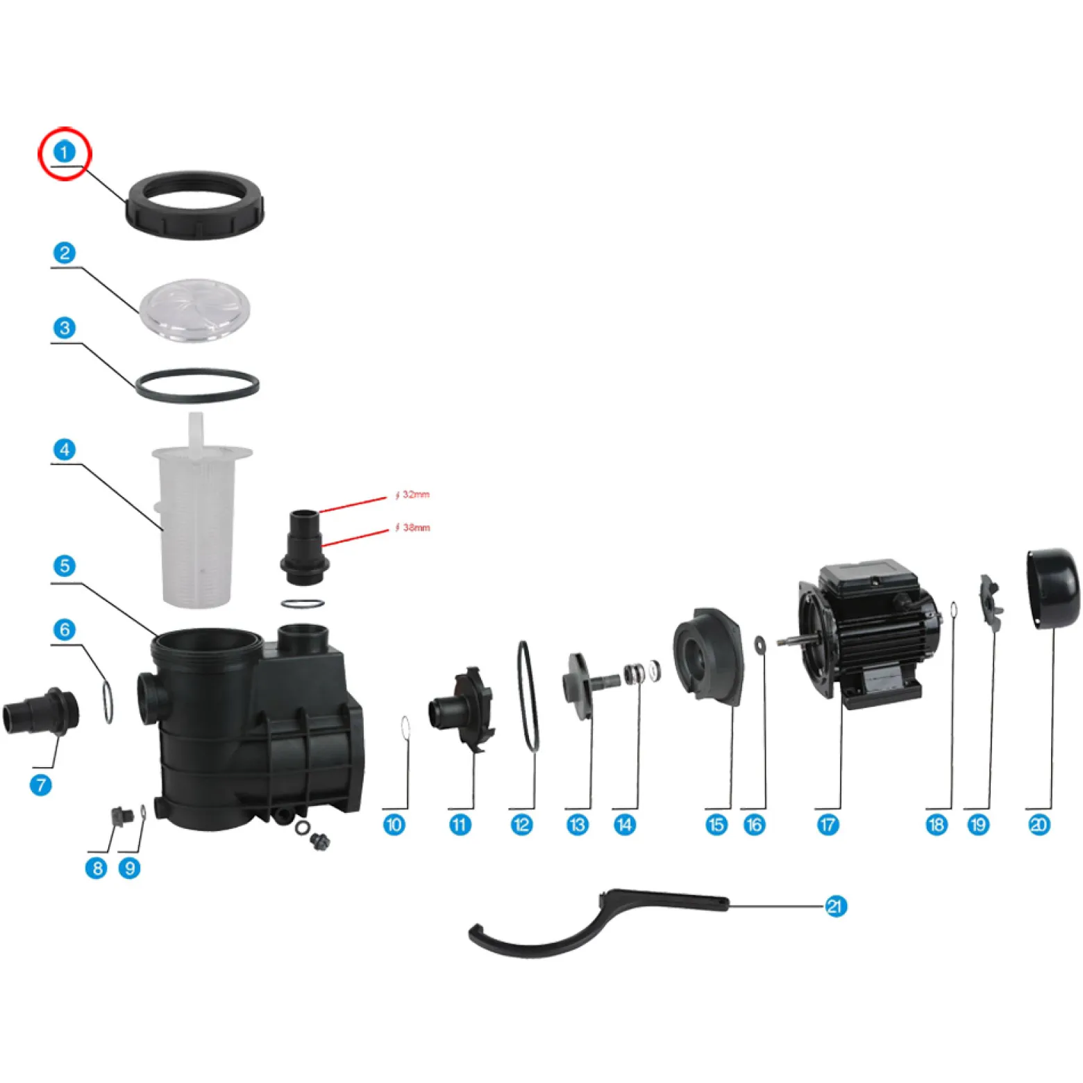 SunSun Ersatzteil für Schwimmbadpumpe Filter-Verschraubung, 220 W Poolfilteranlage, Pool Pumpe mit Schwimmerschalter, Filterpumpe 5000 l/h