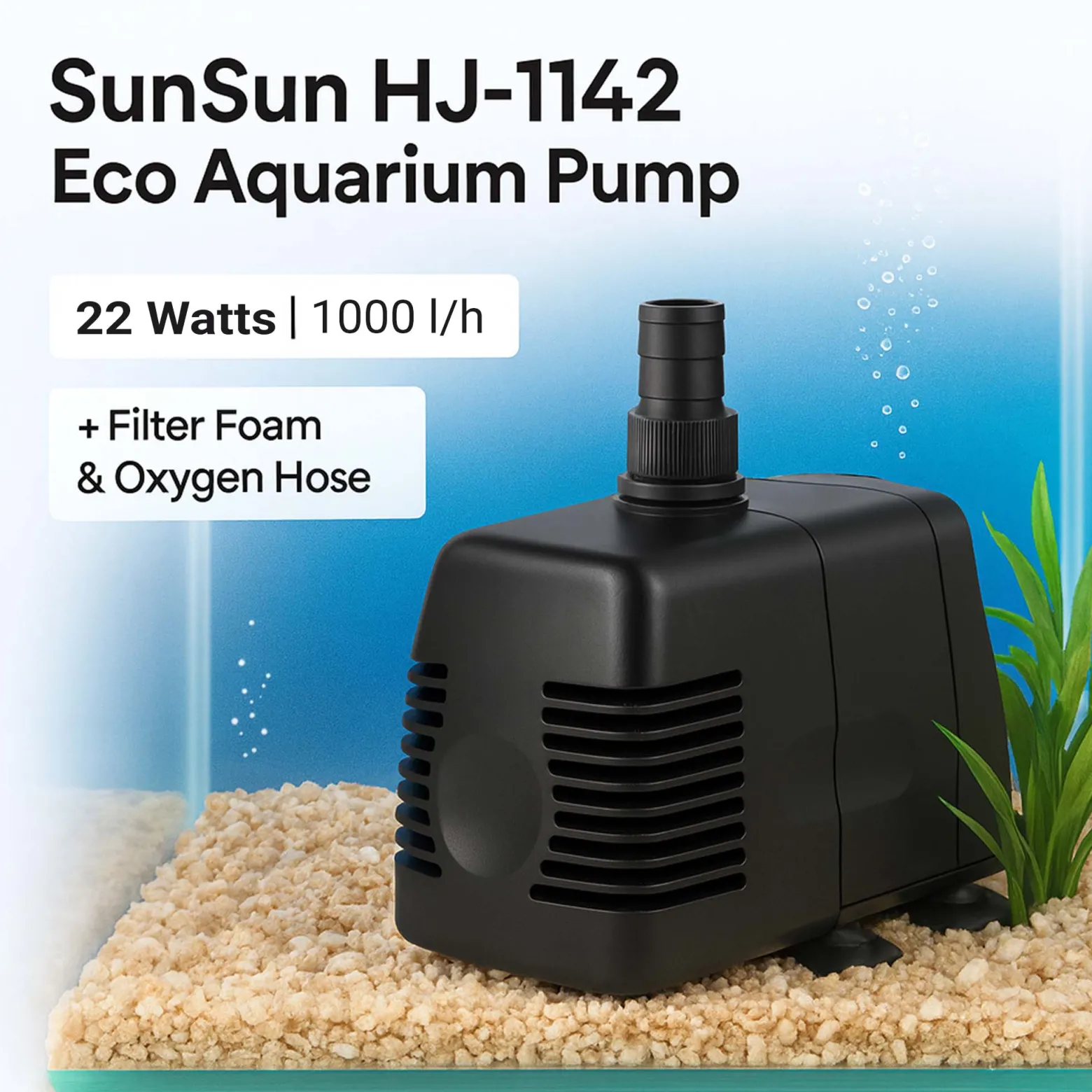 SunSun HJ-1142 ECO Aquarium Pumpe 1000 L/h 22 W kleine Aquariumpumpe mit Filterschwamm und Sauerstoffschlauch für Mini Aquarium