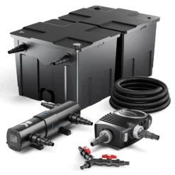 SunSun Komplettset: CBF-350B Teichfilter bis 60000 L Teichfilteranlage Durchlauffilter, NEO10000 Teichpumpe 10000l/h 80W, CUV-236 Teichklärer UVC Klärer mit 36W, 25m Teichschlauch 25 mm, Y-Verteiler