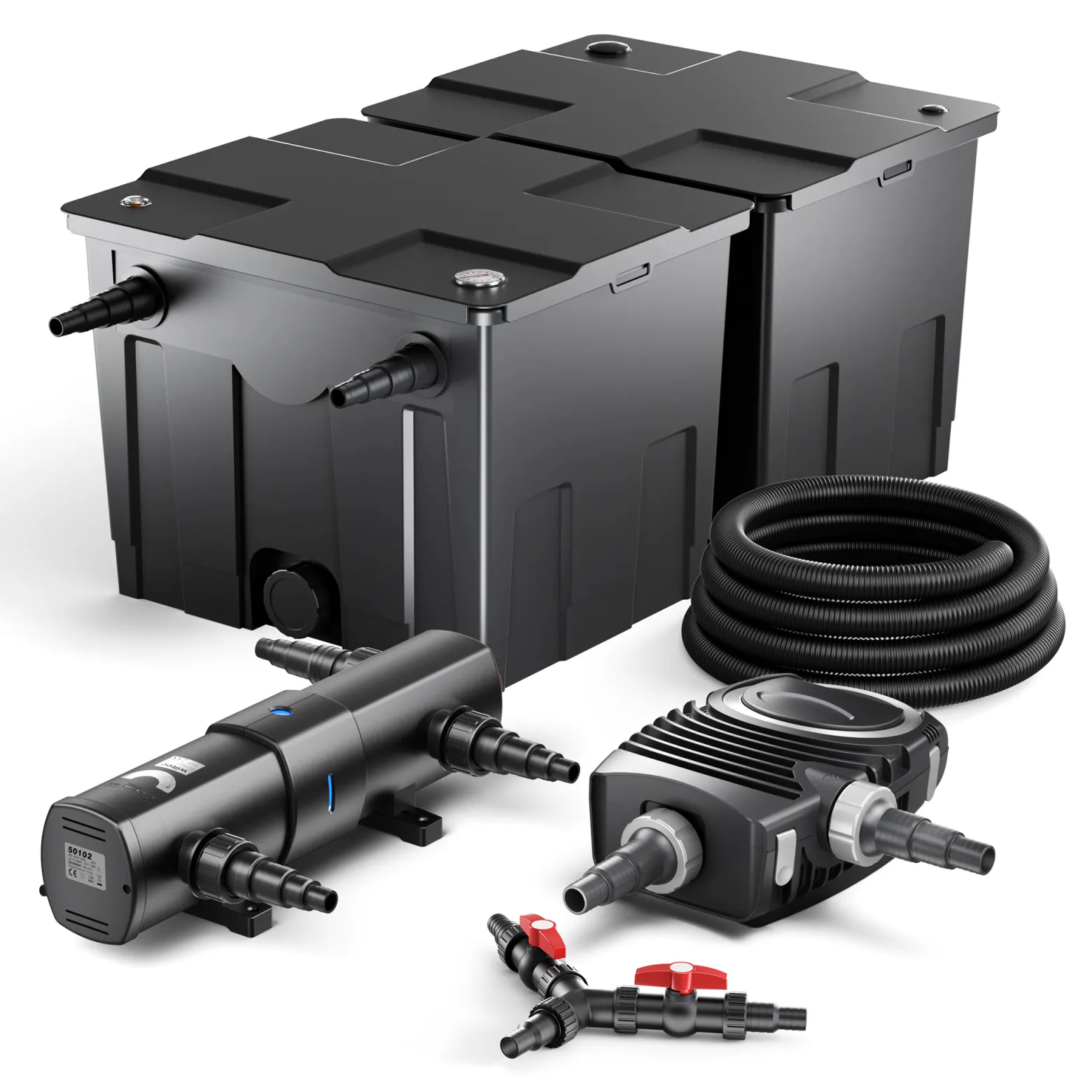 SunSun Komplettset: CBF-350B Teichfilter bis 60000 L Teichfilteranlage Durchlauffilter, NEO10000 Teichpumpe 10000l/h 80W, CUV-236 Teichklärer UVC Klärer mit 36W, 25m Teichschlauch 25 mm, Y-Verteiler
