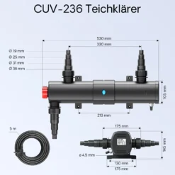 SunSun Komplettset: CBF-350B Teichfilter bis 60000 L Teichfilteranlage als Durchlauffilter, NEO10000 SuperECO Teichpumpe 10000l/h 80W, CUV-236 Teichklärer UVC Klärer mit 36W, Y-Verteiler