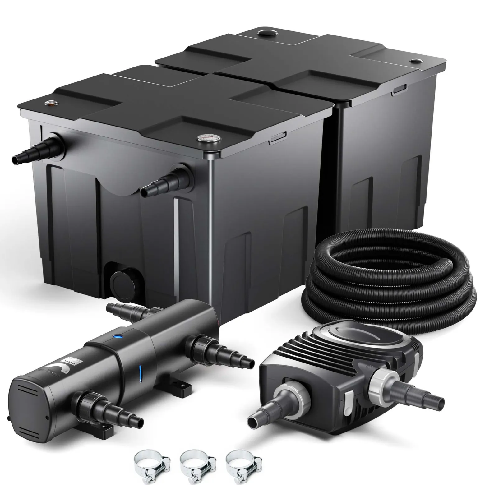 SunSun Komplettset: CBF-350B Teichfilter bis 60000 L Teichfilteranlage Durchlauffilter, NEO8000 Teichpumpe 8000l/h 70W, CUV-224 Teichklärer 24W, 10m Teichschlauch 38 mm, Schlauchschellen W1 44-47mm