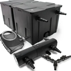 SunSun Komplettset: CBF-350B Teichfilter bis 60000 L Teichfilteranlage als Durchlauffilter, NEO10000 SuperECO Teichpumpe 10000l/h 80W, CUV-218 Teichklärer UVC Klärer mit 18W, Y-Verteiler