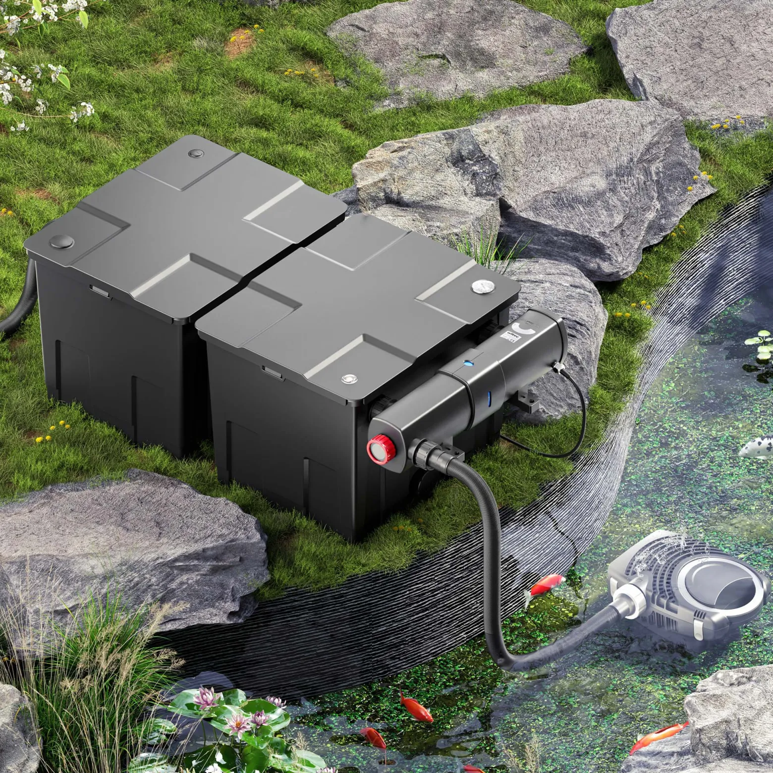 SunSun Komplettset: CBF-350B Teichfilter bis 60000 L Teichfilteranlage Durchlauffilter, NEO10000 Teichpumpe 10000l/h 80W, CUV-236 Teichklärer 36W, 10m Teichschlauch 38 mm, Schlauchschellen W1 44-47mm