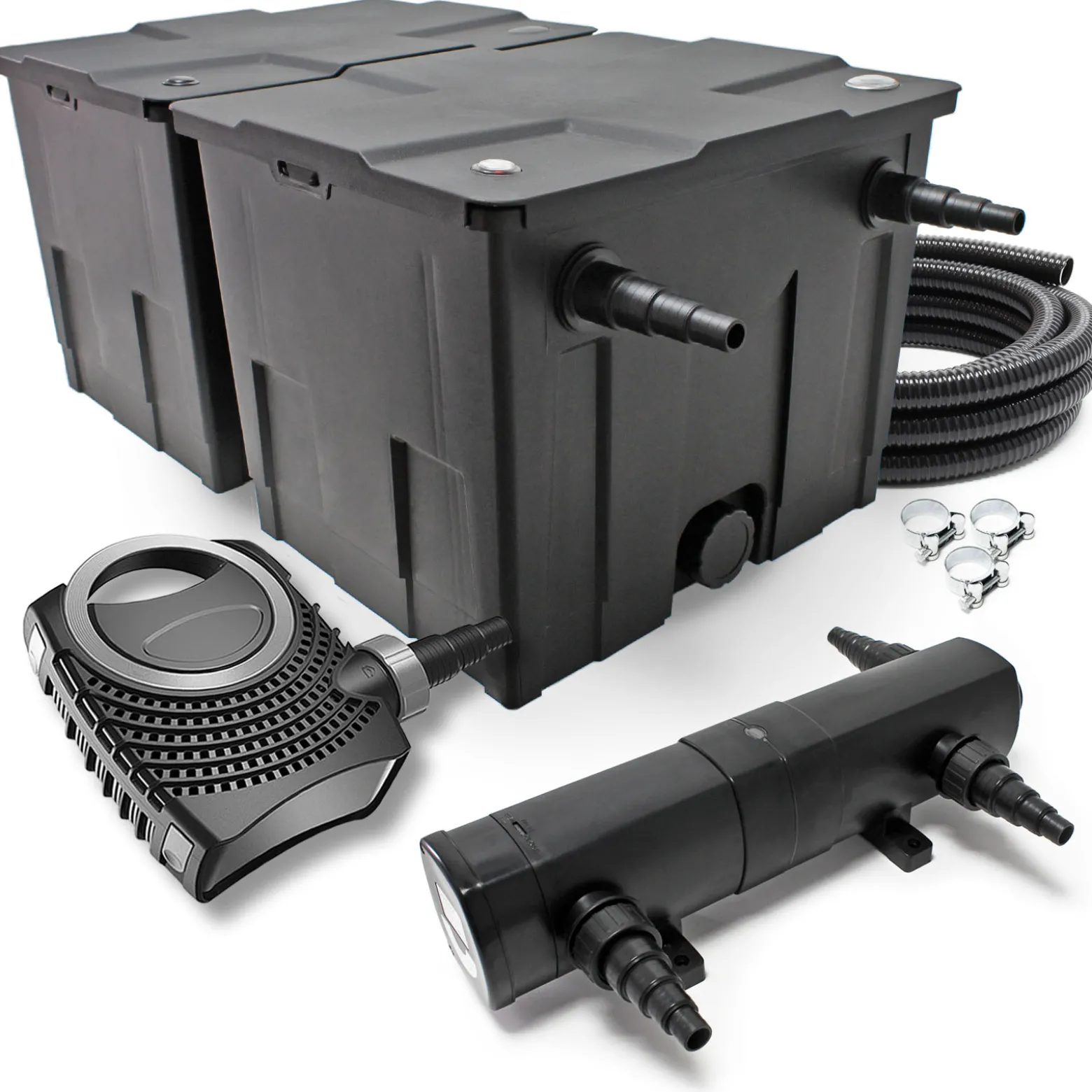 SunSun Komplettset: CBF-350B Teichfilter bis 60000 L Teichfilteranlage Durchlauffilter, NEO6000 Teichpumpe 6000l/h 40W, CUV-236 Teichklärer 36W, 5m Teichschlauch 38 mm, Schlauchschellen W1 44-47mm