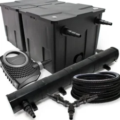 SunSun Komplettset: CBF-350B Teichfilter bis 60000 L Teichfilteranlage Durchlauffilter, NEO10000 Teichpumpe 10000l/h 80W, CUV-272 Teichklärer UVC Klärer mit 72W, 25m Teichschlauch 25 mm, Y-Verteiler