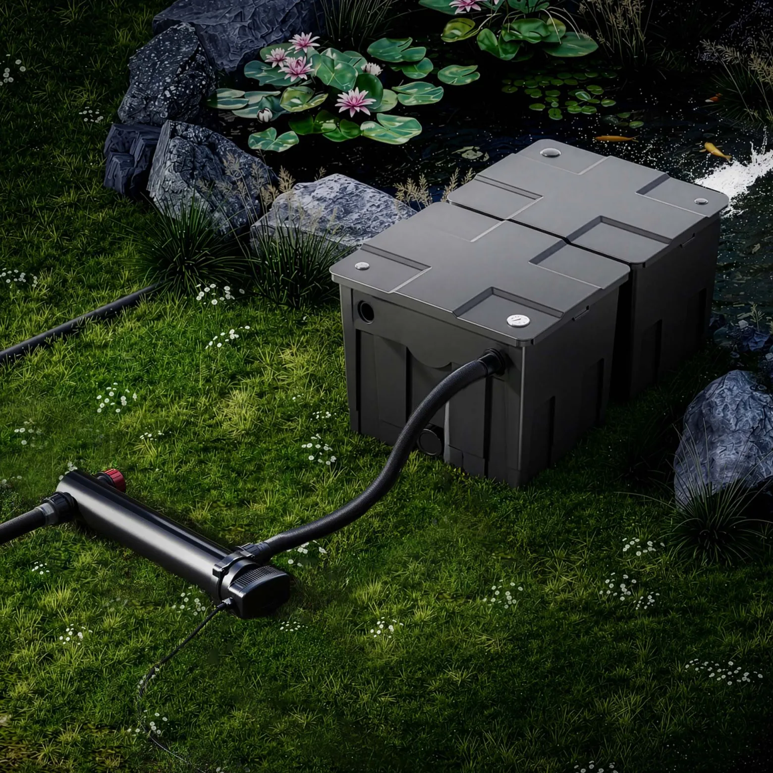 SunSun Komplettset: CBF-350B Teichfilter bis 60000 L Teichfilteranlage als Durchlauffilter, CUV-336 Teichklärer UVC Klärer mit 36W, 5m Teichschlauch 25 mm (1")