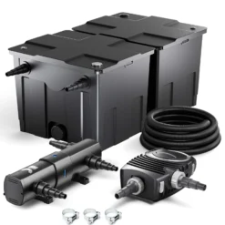 SunSun Komplettset: CBF-350B Teichfilter bis 60000 L Teichfilteranlage Durchlauffilter, NEO12000 Teichpumpe 12000l/h 100W, CUV-224 Teichklärer 24W, 10m Teichschlauch 38 mm, Schlauchschellen W1 44-47mm
