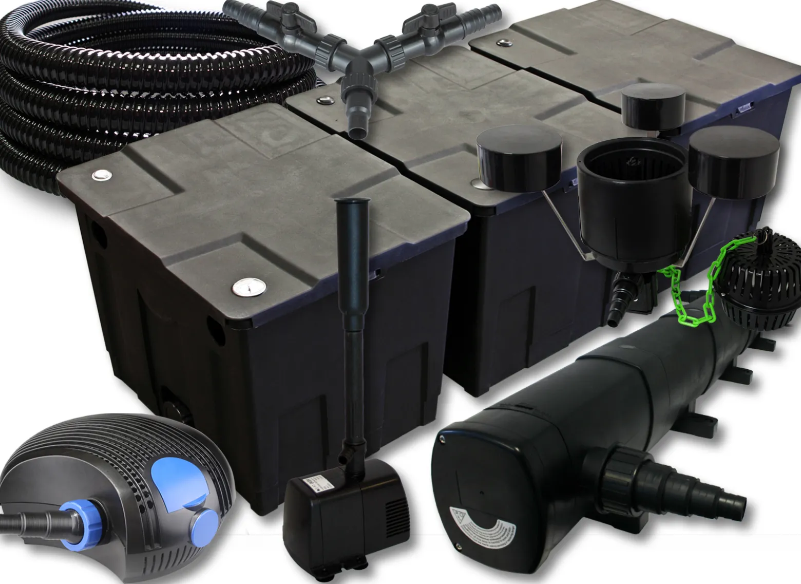 SunSun Komplettset: CBF-350C Teichfilter bis 90000 L, CTF-12000 Teichpumpe 12000l/h 100W, CUV-272 Teichklärer 72W, 25m Schlauch 25mm, CSP-250 Skimmer 2500l/h, HJ-943 Springbrunnen 800l/h, Y-Verteiler