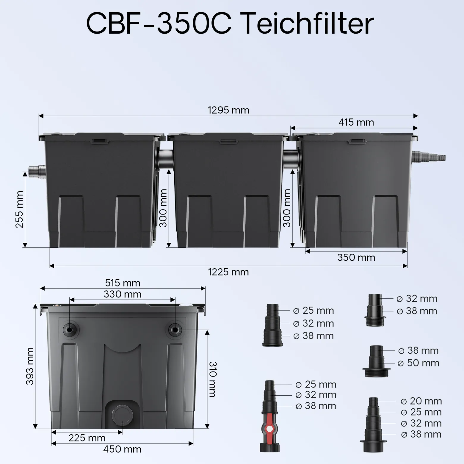 SunSun Komplettset: CBF-350C Teichfilter bis 90000 L Teichfilteranlage als Durchlauffilter, NEO10000 SuperECO Teichpumpe 10000l/h 80W, CUV-236 Teichklärer UVC Klärer mit 36W, Y-Verteiler