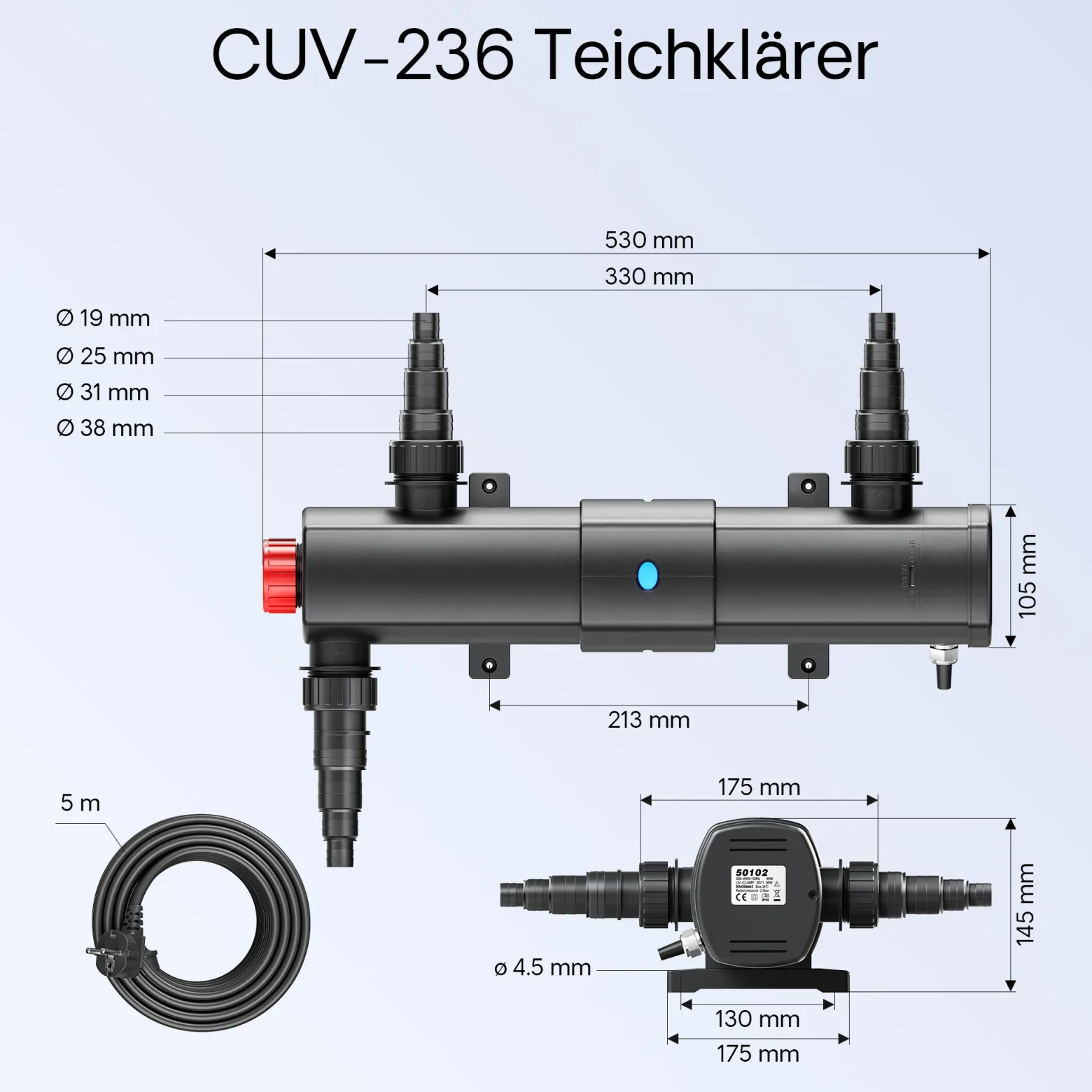 SunSun Komplettset: CBF-350C Teichfilter bis 90000 L Teichfilteranlage als Durchlauffilter, NEO10000 SuperECO Teichpumpe 10000l/h 80W, CUV-236 Teichklärer UVC Klärer mit 36W, Y-Verteiler