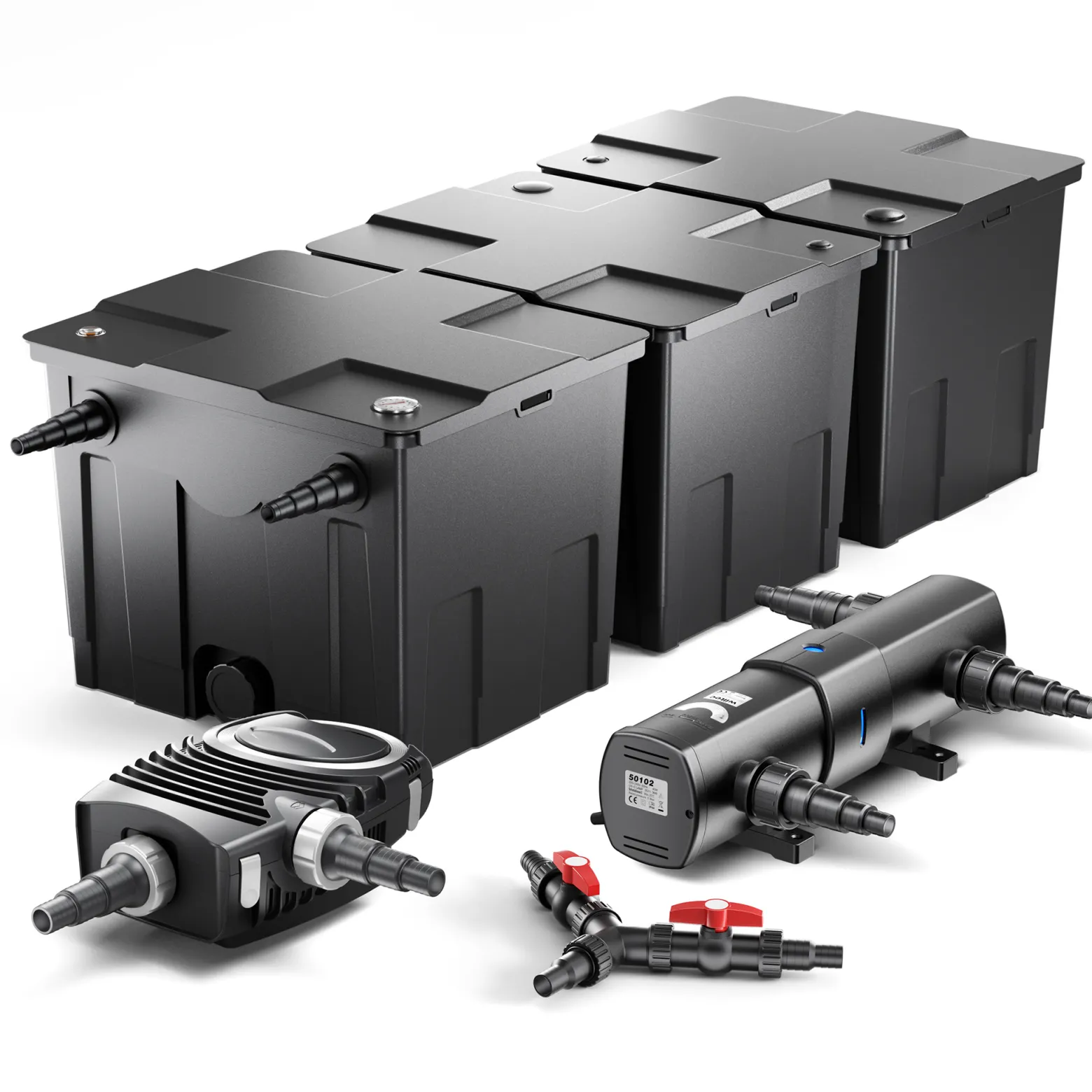 SunSun Komplettset: CBF-350C Teichfilter bis 90000 L Teichfilteranlage als Durchlauffilter, NEO10000 SuperECO Teichpumpe 10000l/h 80W, CUV-236 Teichklärer UVC Klärer mit 36W, Y-Verteiler