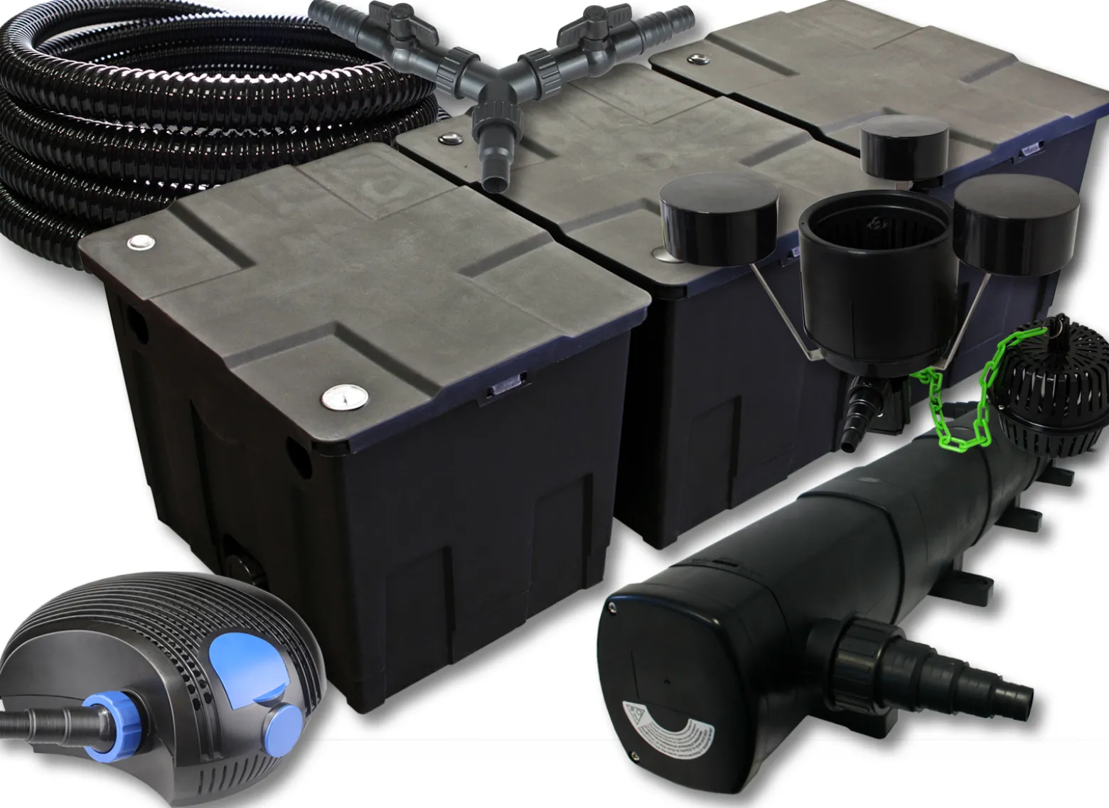 SunSun Komplettset: CBF-350C Teichfilter bis 90000 L Teichfilteranlage, CTF-12000 Teichpumpe 12000l/h 100W, CUV-272 Teichklärer 72W, 25m Teichschlauch 25 mm, CSP-250 Skimmer 2500l/h 45W, Y-Verteiler