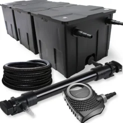 SunSun Komplettset: CBF-350C Teichfilter bis 90000 L Teichfilteranlage als Durchlauffilter, NEO10000 SuperECO Teichpumpe 10000l/h 80W, CUV-672 Teichklärer UVC Klärer mit 72W, 25m Teichschlauch 25 mm