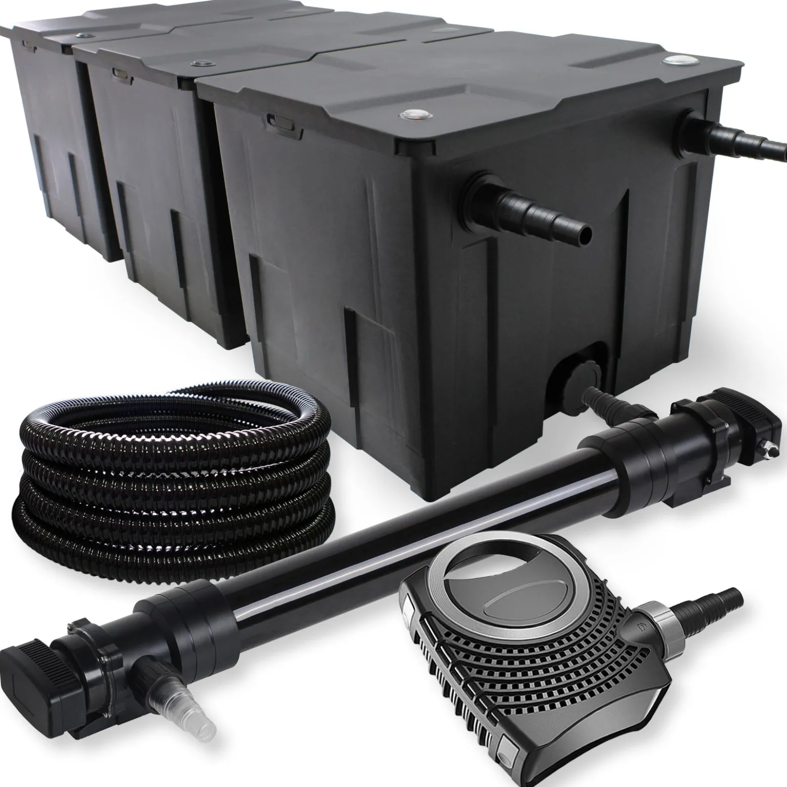 SunSun Komplettset: CBF-350C Teichfilter bis 90000 L Teichfilteranlage als Durchlauffilter, NEO10000 SuperECO Teichpumpe 10000l/h 80W, CUV-672 Teichklärer UVC Klärer mit 72W, 25m Teichschlauch 25 mm