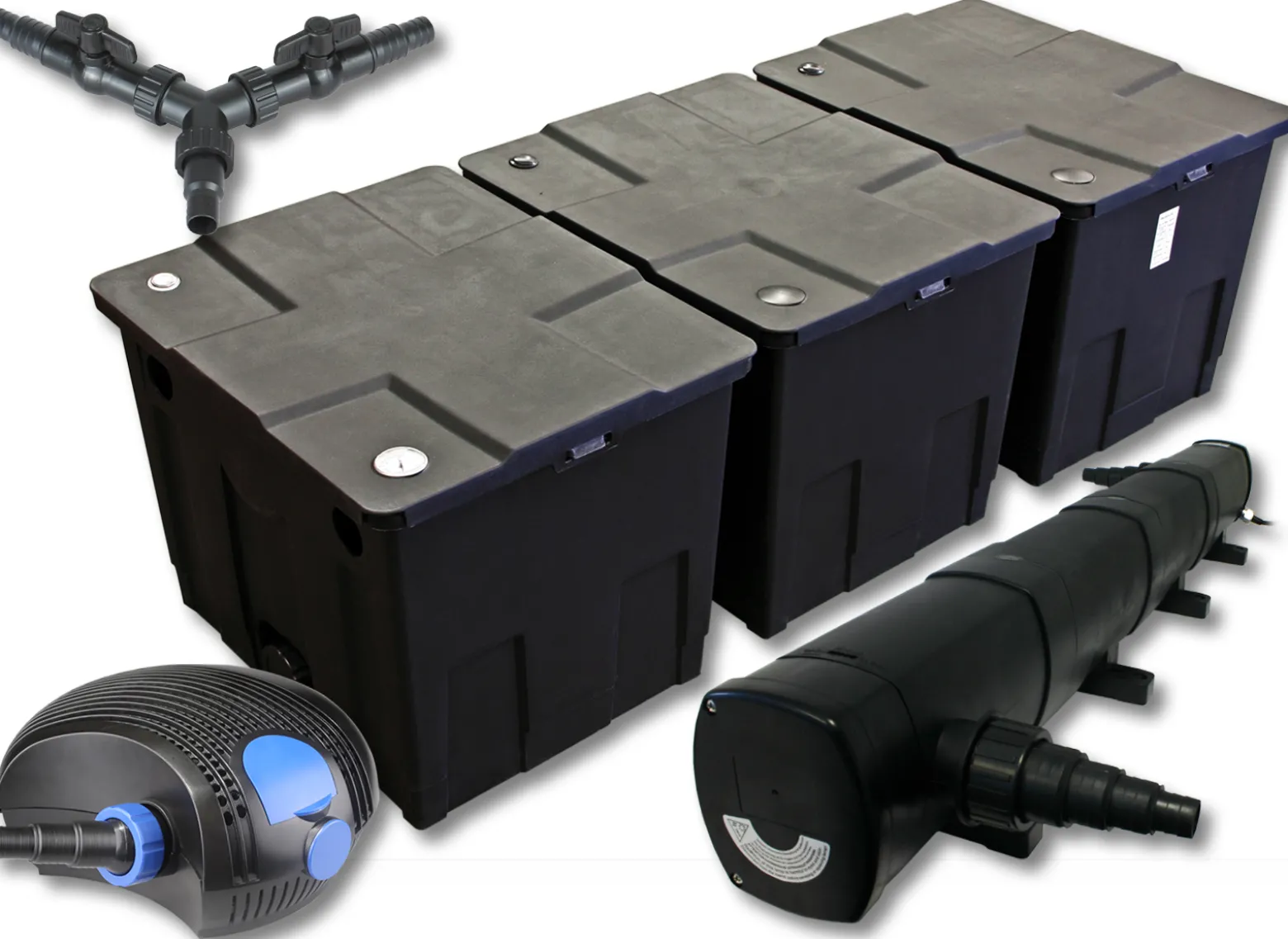 SunSun Komplettset: CBF-350C Teichfilter bis 90000 L Teichfilteranlage als Durchlauffilter, CTF-12000 SuperECO Teichpumpe 12000l/h 100W, CUV-272 Teichklärer UVC Klärer mit 72W, Y-Verteiler