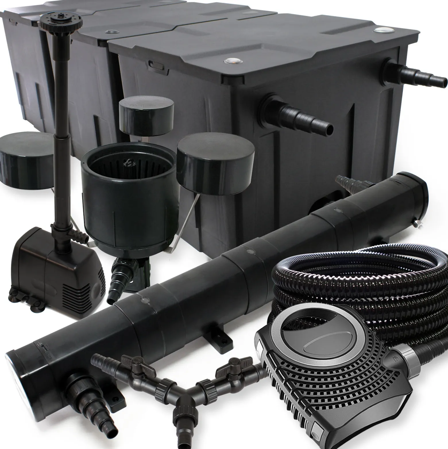 SunSun Komplettset: CBF-350C Teichfilter bis 90000L, CTF-8000 Teichpumpe 8000l/h 70W, CUV-272 Teichklärer 72W, 25m Teichschlauch 25mm, CSP-250 Skimmer 2500l/h, HJ-943 Springbrunnen 800l/h, Y-Verteiler