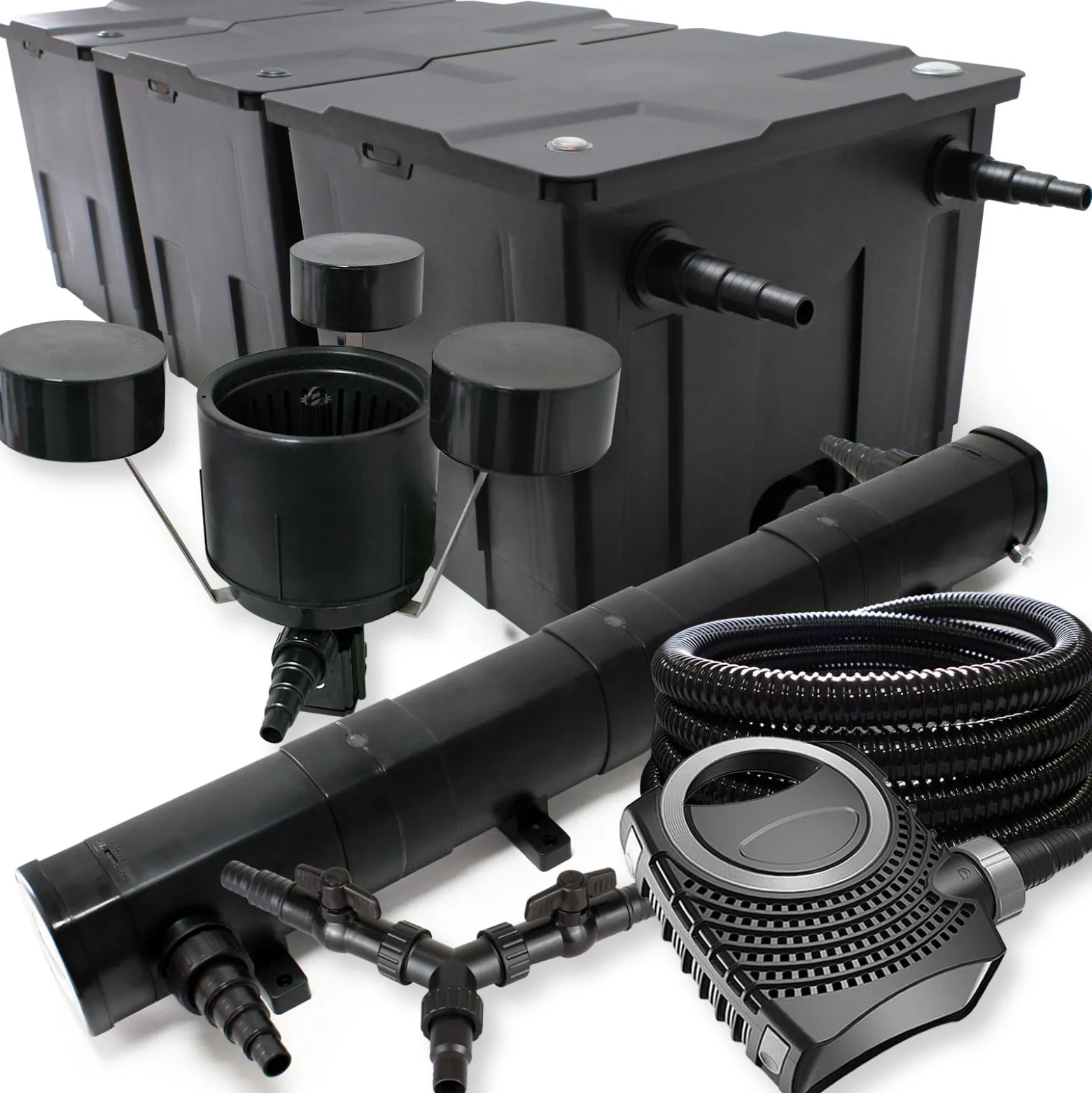 SunSun Komplettset: CBF-350C Teichfilter bis 90000 L Teichfilteranlage, CTF-8000 Teichpumpe 8000l/h 70W, CUV-272 Teichklärer 72W, 25m Teichschlauch 25 mm, CSP-250 Skimmer 2500l/h 45W, Y-Verteiler