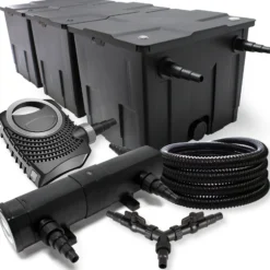 SunSun Komplettset: CBF-350C Teichfilter bis 90000L Teichfilteranlage als Durchlauffilter, CTF-8000 Teichpumpe 8000l/h 70W, CUV-224 Teichklärer UVC Klärer mit 24W, 25m Teichschlauch 25 mm, Y-Verteiler