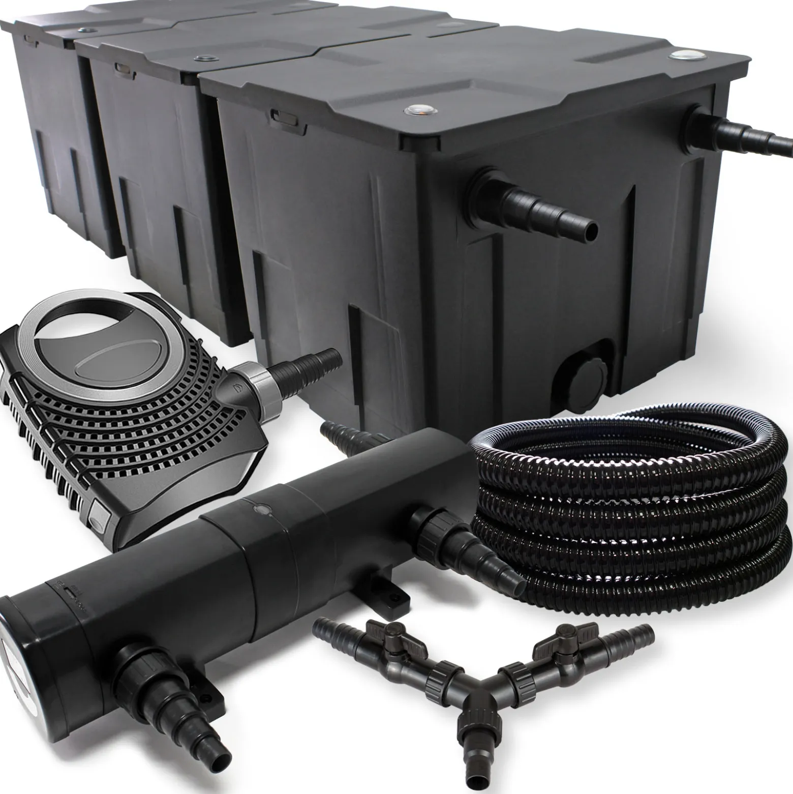 SunSun Komplettset: CBF-350C Teichfilter bis 90000L Teichfilteranlage als Durchlauffilter, CTF-8000 Teichpumpe 8000l/h 70W, CUV-224 Teichklärer UVC Klärer mit 24W, 25m Teichschlauch 25 mm, Y-Verteiler