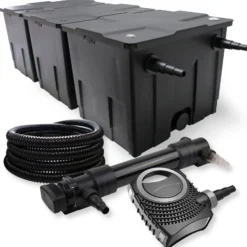 SunSun Komplettset: CBF-350C Teichfilter bis 90000 L Teichfilteranlage als Durchlauffilter, NEO10000 SuperECO Teichpumpe 10000l/h 80W, CUV-636 Teichklärer UVC Klärer mit 36W, 25m Teichschlauch 25 mm