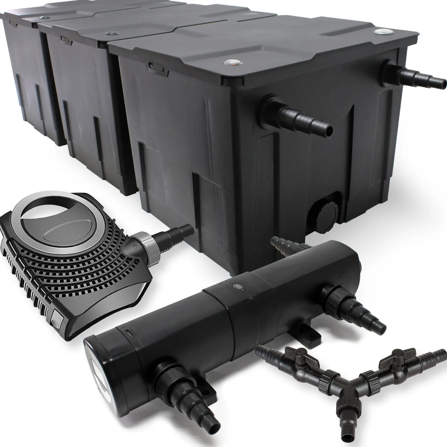 SunSun Komplettset: CBF-350C Teichfilter bis 90000 L Teichfilteranlage als Durchlauffilter, CTF-8000 SuperECO Teichpumpe 8000l/h 70W, CUV-236 Teichklärer UVC Klärer mit 36W, Y-Verteiler