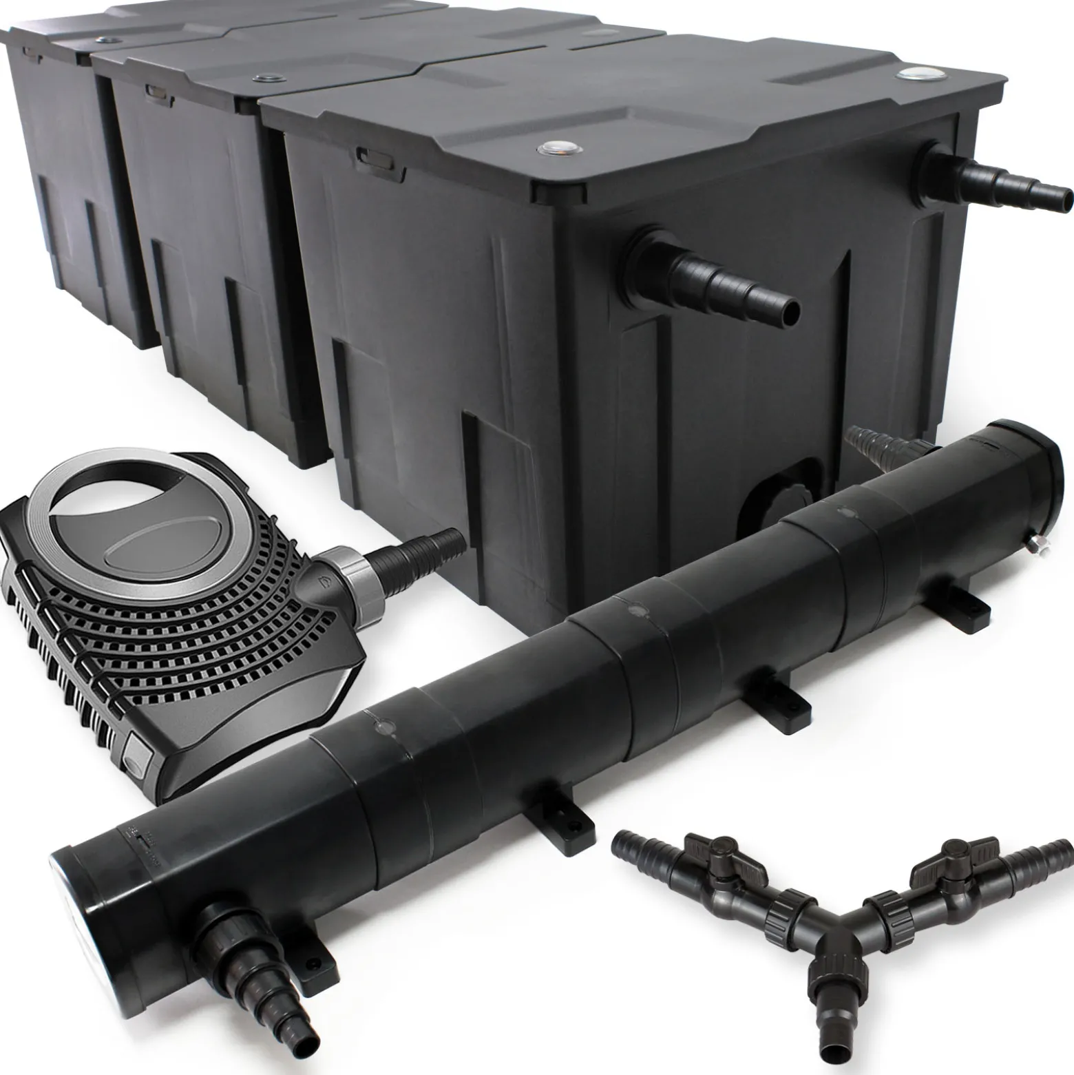 SunSun Komplettset: CBF-350C Teichfilter bis 90000 L Teichfilteranlage als Durchlauffilter, CTF-8000 SuperECO Teichpumpe 8000l/h 70W, CUV-272 Teichklärer UVC Klärer mit 72W, Y-Verteiler