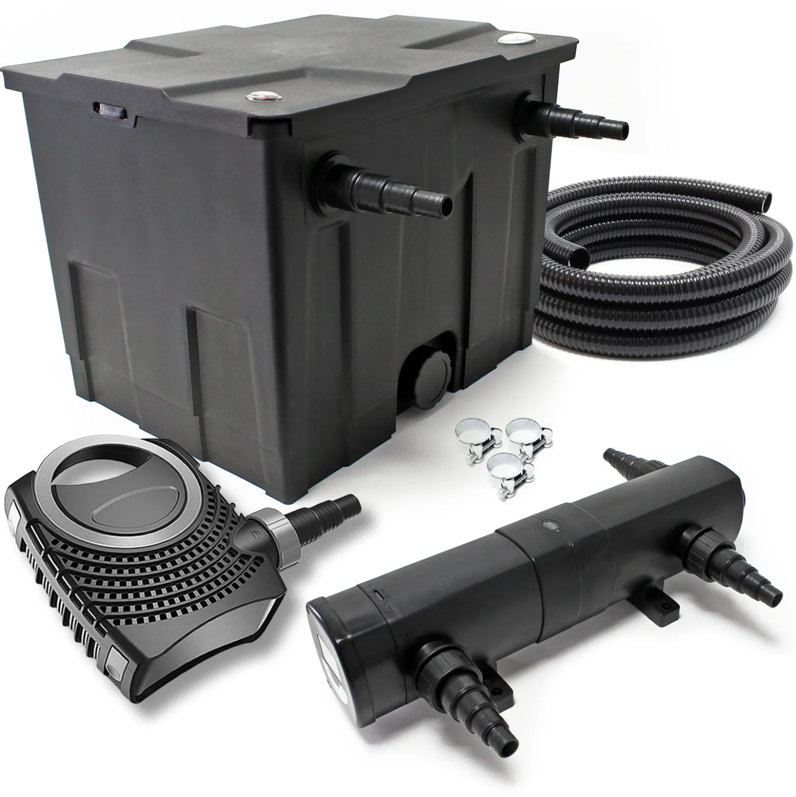 SunSun Komplettset: CBF-350 Teichfilter bis 12000L Teichfilteranlage Durchlauffilter, NEO6000 Teichpumpe 6000l/h 40W, CUV-224 Teichklärer 24W, 5m Teichschlauch 38 mm (1 1/2"), Schlauchschellen 44-47mm