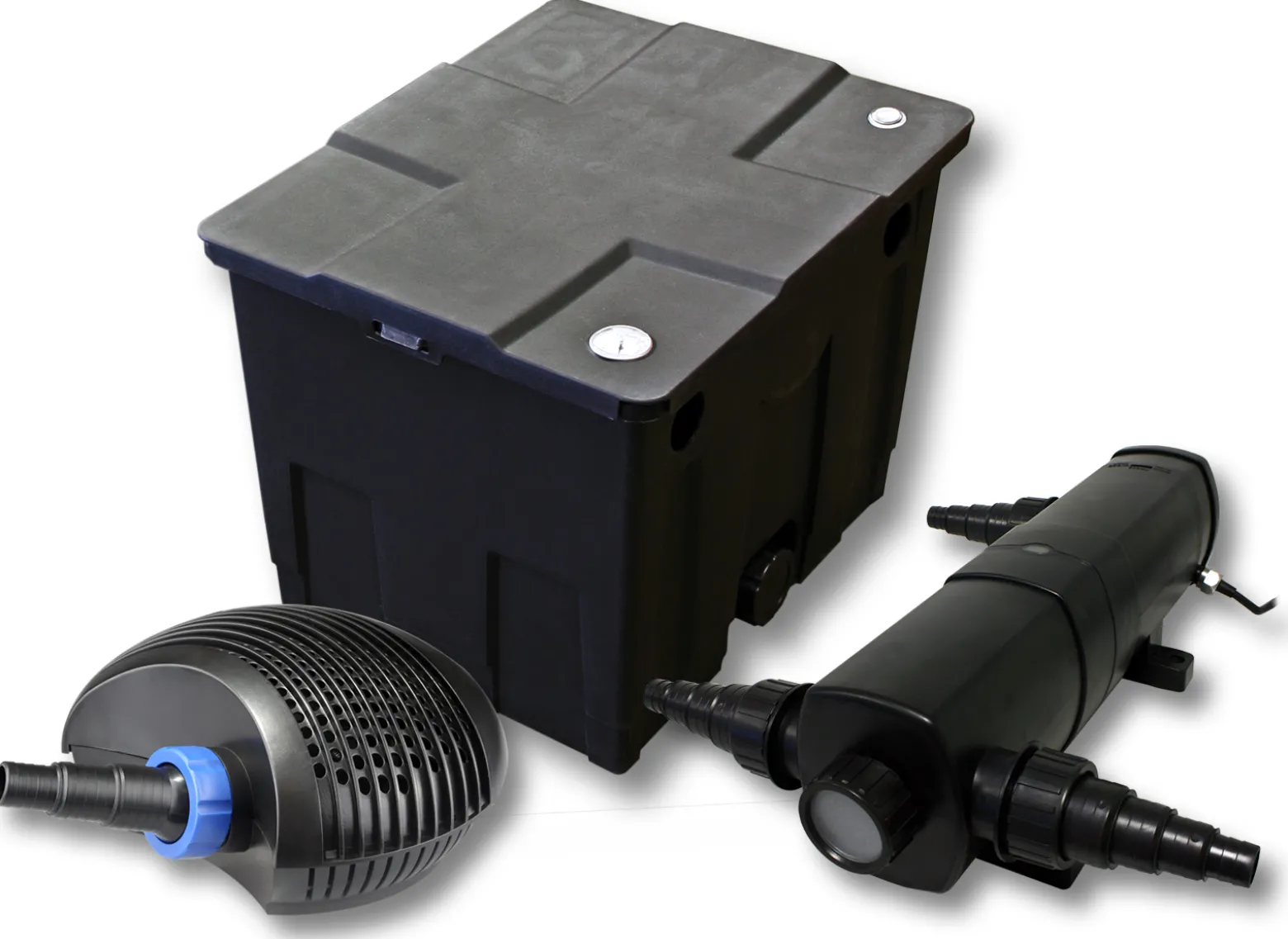 SunSun Komplettset: CBF-350 Teichfilter bis 12000 L Teichfilteranlage als Durchlauffilter, CTF-3800 SuperECO Teichpumpe 3600l/h 20W, CUV-218 Teichklärer UVC Klärer mit 18W