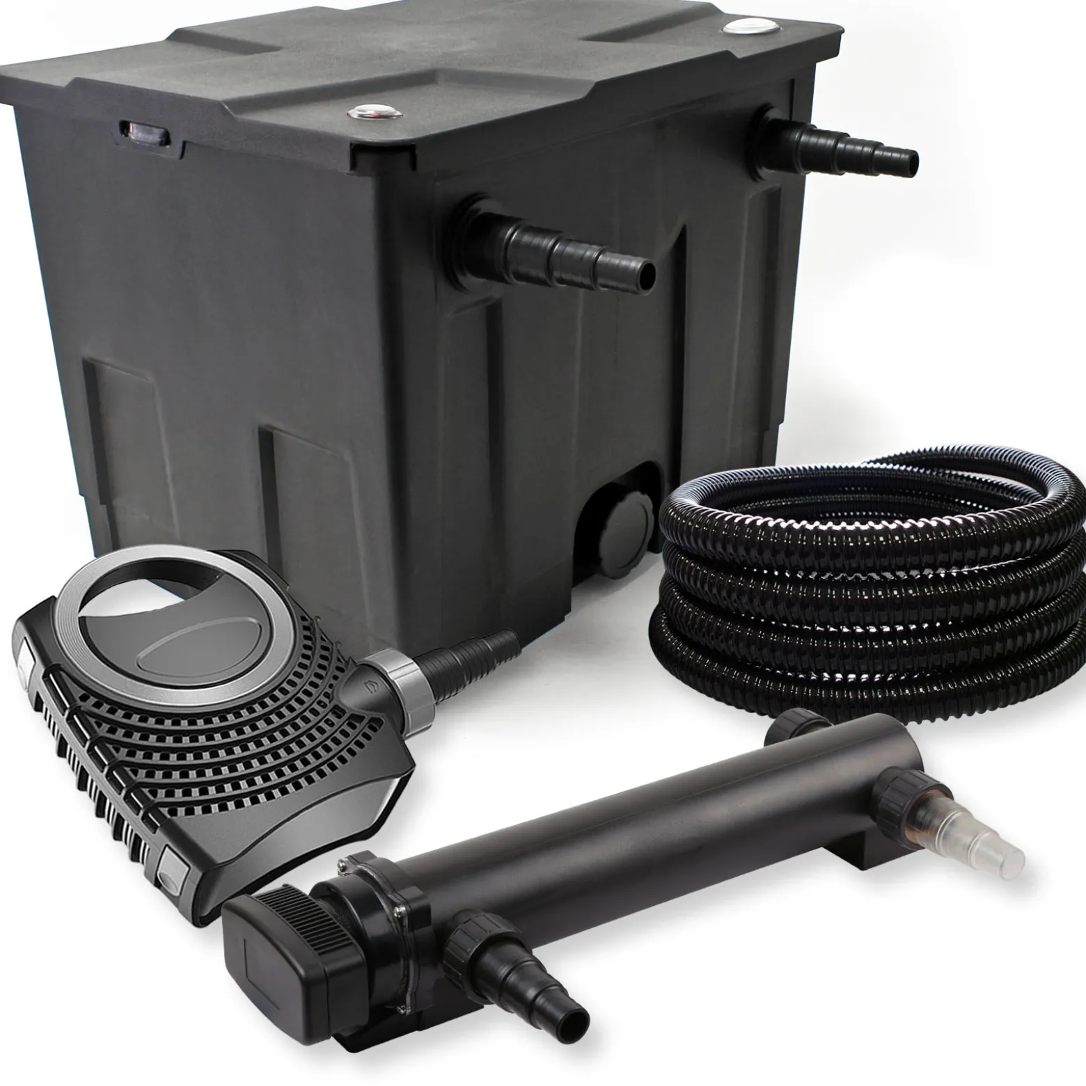 SunSun Komplettset: CBF-350 Teichfilter bis 12000 L Teichfilteranlage als Durchlauffilter, NEO10000 SuperECO Teichpumpe 10000l/h 80W, CUV-336 Teichklärer UVC Klärer mit 36W, 25m Teichschlauch 25 mm