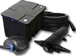 SunSun Komplettset: CBF-350 Teichfilter bis 12000 L Teichfilteranlage als Durchlauffilter, CTF-3800 SuperECO Teichpumpe 3600l/h 20W, CUV-218 Teichklärer UVC Klärer mit 18W, 25m Teichschlauch 25 mm