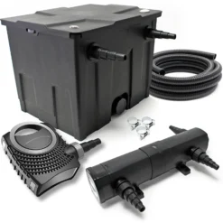 SunSun Komplettset: CBF-350 Teichfilter bis 12000 L Teichfilteranlage Durchlauffilter, NEO10000 Teichpumpe 10000l/h 80W, CUV-224 Teichklärer 24W, 10m Teichschlauch 38 mm, Schlauchschellen W1 44-47mm
